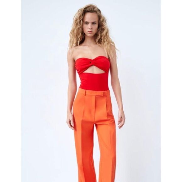 NWT Zara Sweetheart Neckline Off-the-Shoulder Bodysuit with Knot in Red, Small - Picture 5 of 14